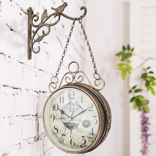 ConBlom Doppelseitige Bahnhofsuhr, im Retro Design Schmiedeeisen hängend Bahnhofsuhr, 8 Inch Wohnen Nostalgie Wanduhr für Garten Korridoren Veranda Bahnhof (B)