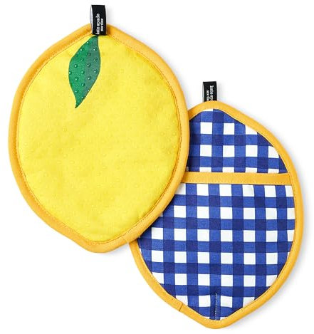 KATE SPADE NEW YORK Topflappen, Motiv: Zitronenparty und Frühling, Gingham-Muster, hitzebeständig, 100% Baumwolle, Marineblau/Gelb, 17,8 x 25,4 cm, 2 Stück
