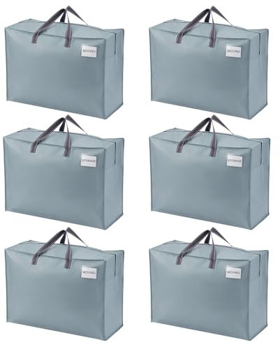 VENO 105 Liter Extra Groß Aufbewahrungstasche mit starke Griffe und Reißverschlüssen für Umzug, Aufbewahrungsboxen, Kleideraufbewahrung, Unterbett Aufbewahrungsbox,Reisetasche (L Hellblau,6-er Set)