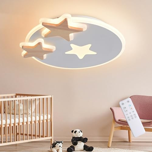 YUEEU 44CM Led Deckenleuchte Schlafzimmer,Holz Kinderzimmer Lampe Decke Stern Kinderlampe,Dimmbar Deckenlampe für Kinder Lampe mit Fernbedienung