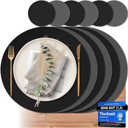 Mahewa® 6er Set Premium Tischset aus Kunstleder - Platzset abwaschbar und wasserdicht - Platzdeckchen Telleruntersetzer in Lederoptik (Dunkelgrau/Schwarz, Rund)