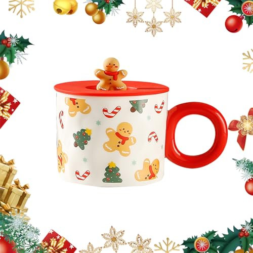 Tazza di Natale in ceramica con coperchio, 460ML Tazza MERRY CHRISTMAS, Tazza di caffè natalizia carina Regalo di Natale per donne uomini bambini per Americano, Latte Macchiato (Gingerbread Man)