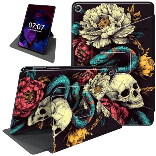 Rotating Case for Amazon Fire 7 (5th/7th/9th Generation, 2015/2017/2019 Release) 7, 360 Degree Rotating Stand Protective Kindle Fire 7 Inch Tablet Cover, with Auto Wake/Sleep, Rose Snake Skull