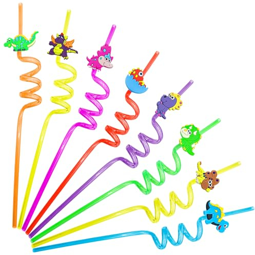 Cuackamily 8pc Reusable Drinking Straws, Dinosaur Party Straws, Curly Hard Spiral Plastic Straws, Family Reunion Party Favours for Adults and Kids