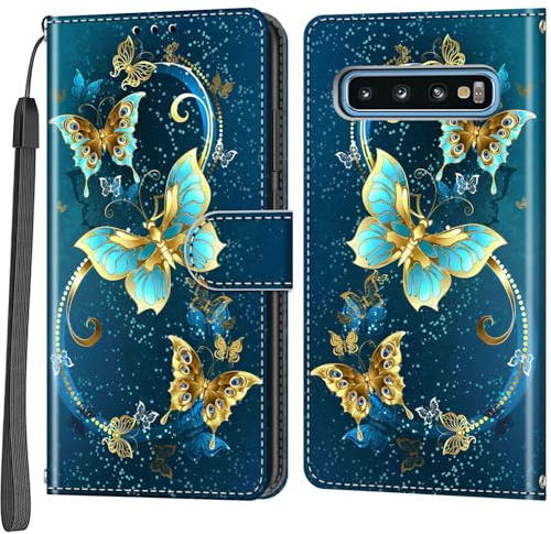 Wallet Case for Samsung Galaxy S10, Golden Green Butterfly