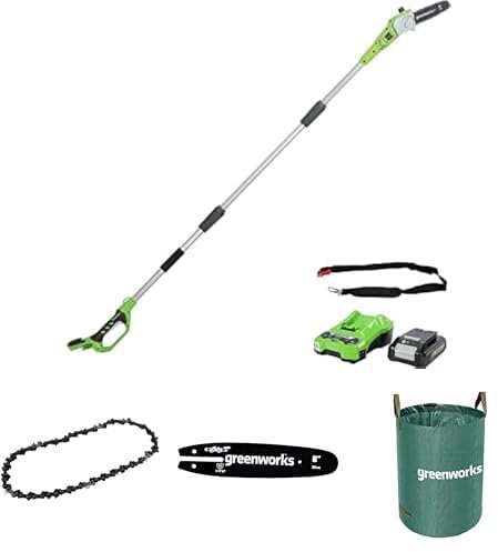 Greenworks Cordless 20cm Long Reach Pole Saw with 24V 2Ah Battery & Charger + Greenworks 20cm Saw Chain + Greenworks 20cm Guide Bar + Greenworks 120 L Garden Waste Bag