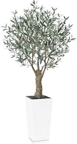 Fopamtri Olivier Artificiel 180 cm Plantes Artificielles Interieur avec Fruits, Fausse Plante Olivier en Blanc Pot Protection UV pour Extérieur Maison Chambre Bureau Balcon Déco (1 Pièce)
