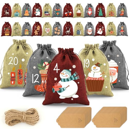 Tarklanda Adventskalender zum Befüllen, 24 Adventskalender Tüten Säckchen, DIY Weihnachtsdeko Stoffsäckchen, Jutesäckchen Weihnachtskalender Selber Befüllen für Kinder Frauen Männer