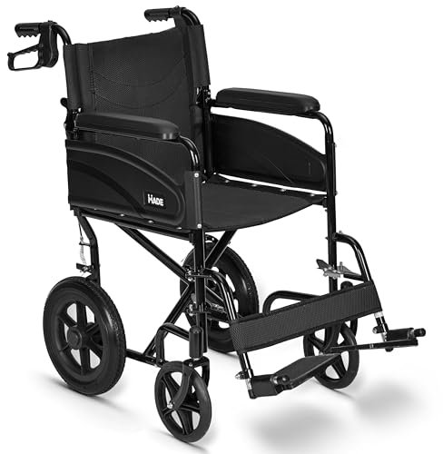 Lightweight Folding Wheelchair - Travel Friendly Foldable Transit Wheel Chair - Adjustable Footrests, Lock Lever Brakes - Black, Wide 20 Seat