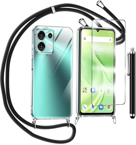 TTSWJBD Coque pour Umidigi G9 5g avec Verre Trempé Protection écran Cordon de Collier Réglable Chaîne Antichoc Transparente Silicone Lanyard Case, Housse Étui de Protection - Noir