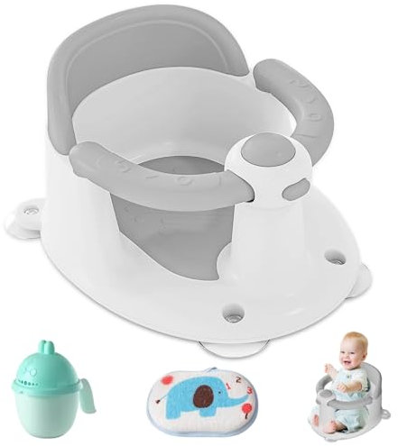 Badewannensitz Baby ab 6 Monate, Rutschfester Badesitz Baby ab 6 Monate mit 4 Starken Saugnäpfen, Gießbecher und Badeschwamm, Ergonomischer Baby Bath Seat für Dusche oder Badewanne(Grau)