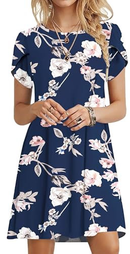PLOKNRD Sommerkleid Damen Blütenblatt Ärmel T-Shirt Kleid Rundhals Blumenmuster Freizeitkleid Leicht und Luftig mit Taschen(Saphirblumen,2XL