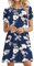 PLOKNRD Sommerkleid Damen Blütenblatt Ärmel T-Shirt Kleid Rundhals Blumenmuster Freizeitkleid Leicht und Luftig mit Taschen(Saphirblumen,2XL