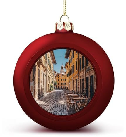 Interessante Weihnachtskugel-Dekorationen, wunderschön, alter Innenhof, Café, Stuhl, Stadt, Rom, Italien, bedruckte Dekorationen, Feiertagsparty, Heimdekoration, Weihnachtskugel-Dekorationen, hängende
