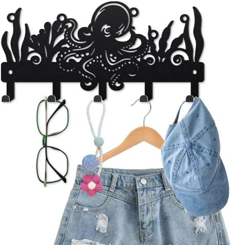 MAYJOYDIY Porte Clés en Métal avec Poulpe et Vie Marine 25×12cm Varech Porte Manteau Mural avec 5 crochets Porte Clés Animal Marin Noir Décoration Murale Cadeau Pour D'entrée Couloir Cuisine