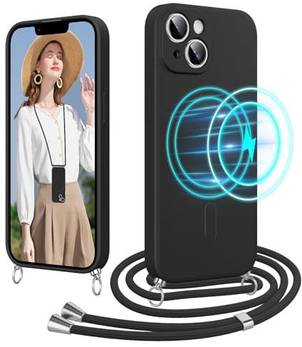 Woijrly Coque pour iPhone 13 avec Cordon de Collier, [Compatibel mit Magsafe] Liquide Silicone TPU Antichoc Etui Housse avec Corde Réglable, Magnétique Case pour iPhone 13 Lanière, Noir