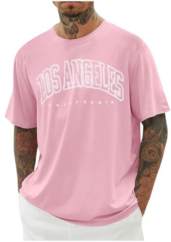 UHouse Tee Shirt Homme Ete T-Shirts à Manches Courtes Oversized Tshirt Long Coton Col Rond Los Angeles Teeshirt Grande Taille Y2k Habit Imprimé Mode Vetement Lâche Tops Rose 5XL