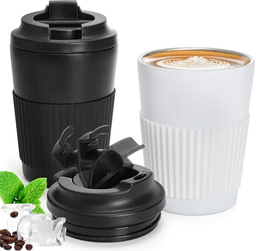 Noamus 2 Pack Travel Coffee Mug with Lid, 350ml to Go Vacuum Tumbler, Portable Stainless Steel Camping Water Cups, Reusable Double Wall Powder Coated Cup for Hot Cold Drink(2 Color)