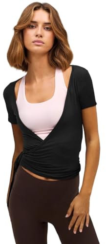 AOWVUTS Cache Coeur de Danse Femme Classique Veste de Ballet Gilet Cardigan Manches Courtes Crop Top Elastique Col V Chemise T-Shirt Y2K Yoga Pilates Haut de Gymnastique Dancewear Sportswear