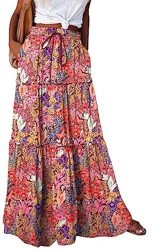 Générique Jupe Longue Femme - Boheme Fleurie - Taille Haute - Chic Et Elegant - Taille Elastique - Plissee - avec Cordon De Serrage - avec Poches - Skirt Style Champetre