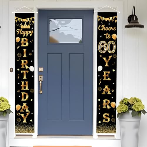 Businey Happy 60th Birthday Door Banner Party Decorations, Black Gold Fabric 60th Birthday Door Porch Sign Banner for Women Men 60 Years Old Birthdays Party Indoor Outdoor Decor