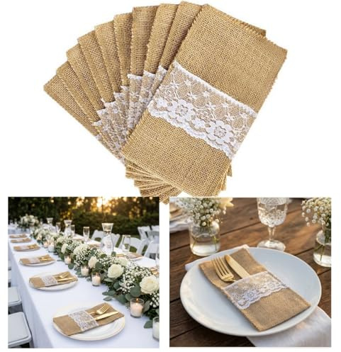 ThaiRoot Bestecktaschen Jute 10 Stück mit Weißer Spitze 21x11cm | Natürliche Jute Besteckbeutel mit weißer Spitze – ideal für Hochzeit, Gartenparty, Geburtstag, Tischdeko & Vintage Deko.