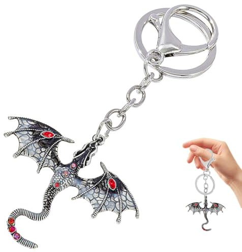 Danbghyuo Drachen-Schlüsselanhänger, Dinosaurier Drache Schlüsselring Mode für Frauen Mädchen Tasche Auto Brieftasche Charms Geschenk Idee(Grau)