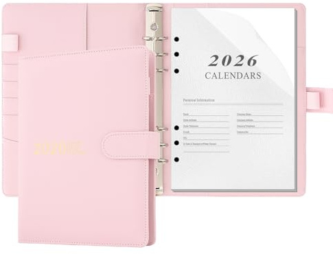Donfulfip Tagebuch 2026 A5 Notizbuch Ringbuch, Tagesplaner, 2026 Tagebuch Tag pro Seite von Jan bis Dez. Hardcover Organizer Ringbuch mit Planer-Aufklebern, Stifthalter, Innentasche (Rosa)