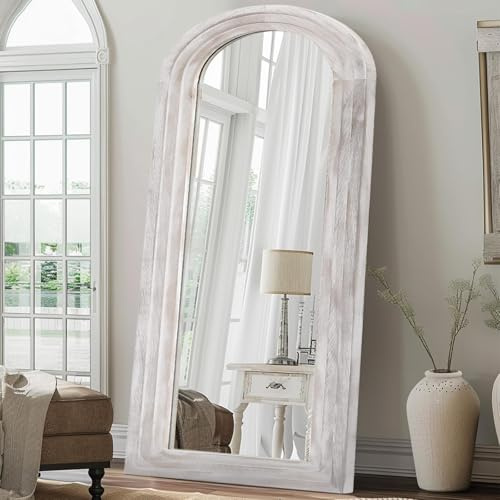 MAXEN Großer Bogen Ganzkörperspiegel 180x80 cm, Gewölbter Standspiegel | Und Wandspiegel Mit Massivholzrahmen, Bauernhaus-Stil, Bruchsicheres Glas, Weiß, Für Schlafzimmer Und Wohnzimmer.
