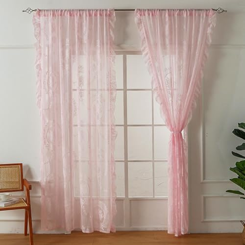 Fmorgen Französische Spitzenvorhang Durchlässig Spitzenvorhang, 2 Stück Spitzengardinen Gardinen Vintage-Fensterbehandlung Ösenvorhang für Wohnzimmer Schlafzimmer (Pink-140x200CM)
