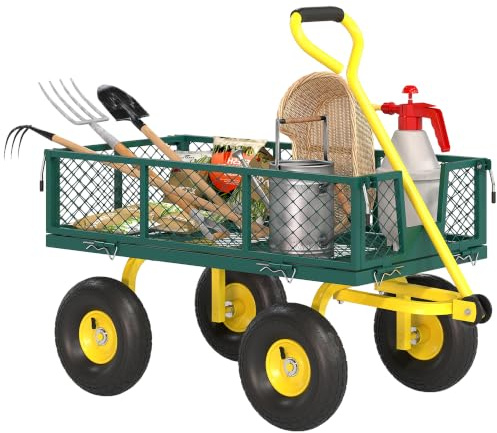 Outsunny Robuster Gartenwagen, Stahlanhänger mit abnehmbaren Seitenwänden, umwandelbar in eine Ladefläche, 25 cm Räder, um 180° drehbarer Griff, Tragkraft 200 kg, für Strand, Rasen und Garten, grün