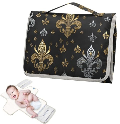 Matelas à langer réutilisable avec poche à mouchoirs Motif fleurs de lys Doré et noir Oreiller intégré Cambiadores de pa?ales para Bebes
