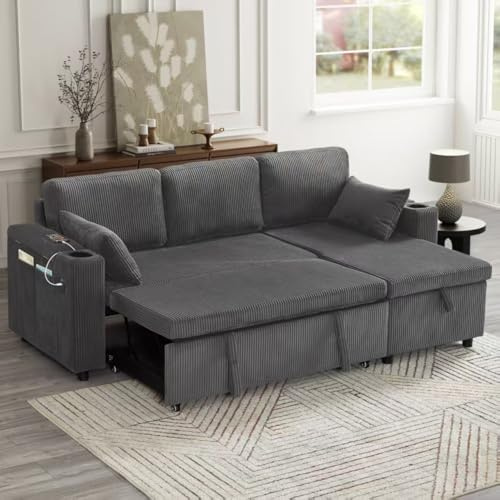 BTM 3 in 1 Corner Sofa with Storage Chaise, Type-C & USB Ports, L Shaped Corner Sofa Couches with Storage Pocket & Cup Holders & Pillows, Pullout Sofa Bed, Sectional Daybed, Grey