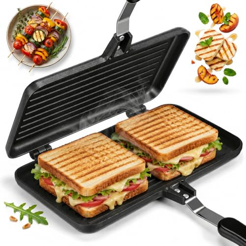 YARNOW Doppelseitige Sandwichmaker Pfanne, Antihaft Wendepfanne für Camping & Gasherd, Aluminium Toaster Grill für Schnelles Frühstück & Omelett, Kompakte Bratpfanne 23x13cm