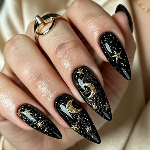 24PCS Black Nails, Gothic Nails, Press On Naiels Blacks, Blacks Long Stiletto Press On Nailes, Durable Design, Fake With Gold Moon And Stars Glitter, for Women