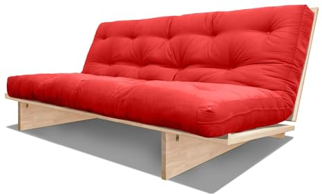 Futon-Schlafsofa Yokahoma mit den Maßen 200x120x24 cm, aus Massivholz in natürlicher Farbe ohne Lack. Mit einer vorderen Schublade und einem Futon aus 100% Baumwolle in Rot Farbe.