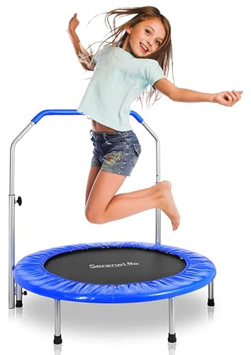 SereneLife 36 Mini Foldable Toddler Trampoline with Handle Bar, Rebounder Trampoline for Kids, Indoor/Garden Fitness & Play, Exercise Fun, Supports 220 lbs, Deep Blue