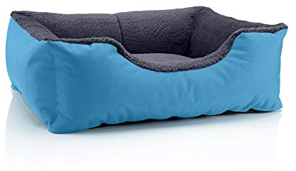 BedDog Hundebett Teddy, Hundesofa aus Cordura und Microfaser-Velours, waschbares Hundebett mit Rand, Hundekissen Vier-eckig, für drinnen, draußen, Größe M, grau-blau