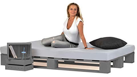 sunnypillow Palettenbett aus Holz Holzbett 140x200 cm Grau Massivholzbett Bett aus Paletten Palettenmöbel Fichte europalette Anthrazit 80 90 100 120 140 160 180 200 220 240 x 200cm