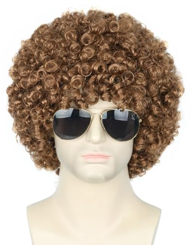 Topcosplay Unisex Afro Perücke 70er Jahre Funky Hippie Perücke, Kurz Lockig Herren Perücke Hellbraun Lockenkopf für Fasching Kostüm Halloween (B-Hellbraun)