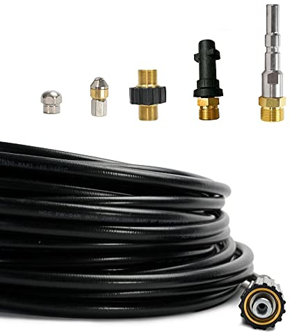 M&M Smartek Rohrreinigungsschlauch 6-Teilig SET für Kärcher Kränzle NILFISK ALTO WAP Professional HD HDS 1/8 AG : M22 x 1,5 IG & Bajonett-Adapter & Adapter KEW & 2x Düsen (3 Meter)