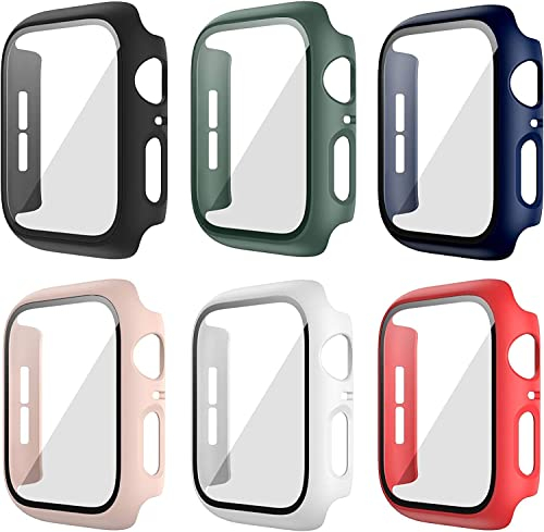 Haojavo 6er Pack Hard PC Schutzhülle für Apple Watch Serie 9 Serie 8 Serie 7 41mm, iWatch Hülle Mit Glas Displayschutz, schutzfolie gehärtetem Glas Gesamtblasenfreie Abdeckung für iWatch-Zubehör