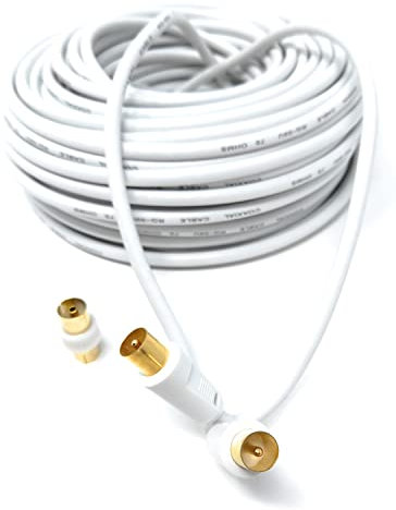 DRUT 30m TV RF Male to Male Aerial Antenna Coaxial Cable With Female to Female Coupler, Gold Connectors 75 ohm, 3C2V 99ft White