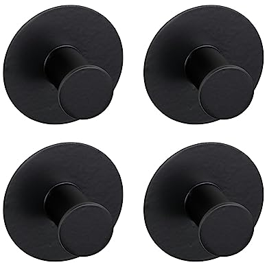 WENKO Wandhaken Mod. Celano 4er Set, runde Garderobenhaken aus rostfreiem Edelstahl, selbstklebend, Befestigung ohne Bohren, je Ø 5 x 3,3 cm, Schwarz matt