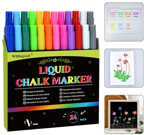 24 PCS Flüssige Kreidestifte, Mehrfarbig Abwaschbar Kreidemarker Fensterstifte Tafelstifte Whiteboard Marker für Kreidetafel, Whiteboard, Fenster, Glas, Feine Spitze 12 Farben, Ideale Geschenke