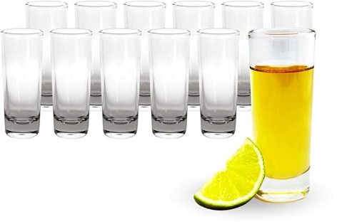 Producmar Set 12 Vasos de Chupito de Cristal Largos de 50ml - Aptos para Lavavajillas - Estables de Base Gruesa - Ideales para Fiestas y reuniones. Lote de doce vasos tequileros largos transparentes