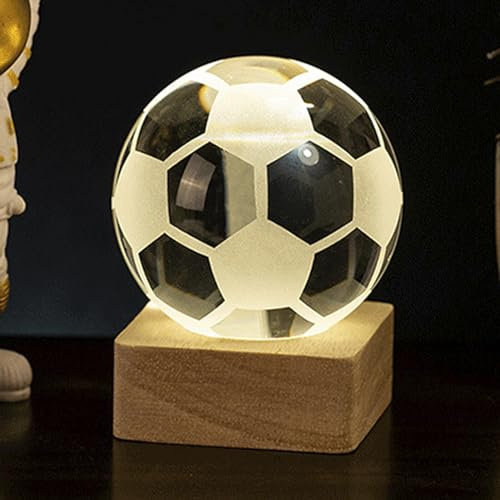 FakeFace Fußball 3D Nachtlicht, LED-Kristallkugel Lampe mit Holzsockel 6 Farben Fußball Licht Spielzeug Sport Fans Footballl Zimmer Dekor Geburtstagsgeschenke für Jungen Mädchen