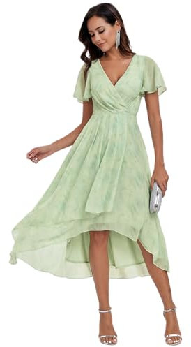 Ever-Pretty Robe D'Invité Jupe Trapèze Col en V Manches Volantées Robe Femme Chic Et Elegant Belle Robe Soirée Vert Clair Rose 36