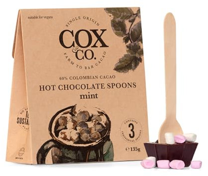 Cox&Co. Hot Chocolate Spoons in English Mint | 3 x 60% premium Colombian Single Origin Dark Chocolate | 3 x 45g Hot Choc sticks with vegan marshmallows | Vegan Friendly