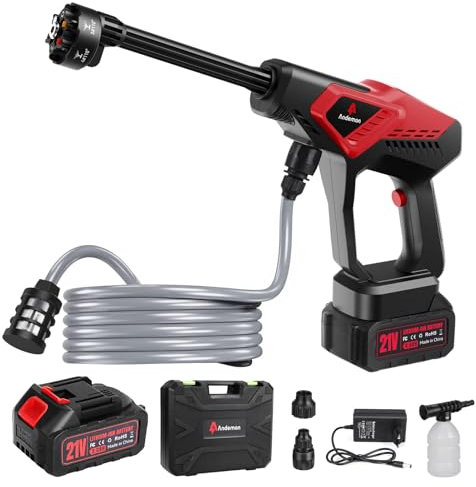 Andeman Akku Hochdruckreiniger, 55 Bar Mobiler Druckreiniger 4h-Laufzeit mit 3.0Ah Akku,6-in-1 Multi Sprühdüse,5M Schlauch für Auto, Terrasse, Garten, Zaun